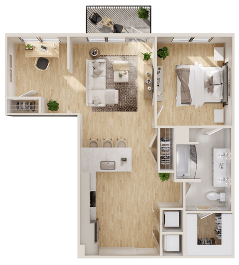 Floor plan for 1 bed, 1 bath, 886 sqft